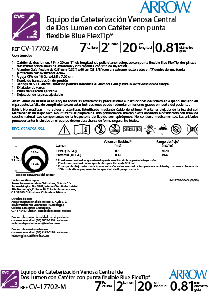 Equipo de Cateterización Venosa Central de Dos Lumenes con Catéter con punta flexible ARROW 7fr 2L